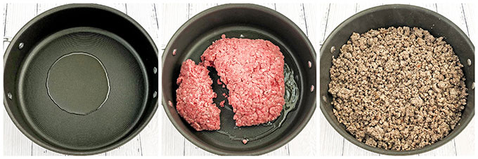 Place ground beef onto the hot skillet, and brown the meat. Avoid mixing the meat until it starts to sizzle otherwise, the meat turns into a mush.