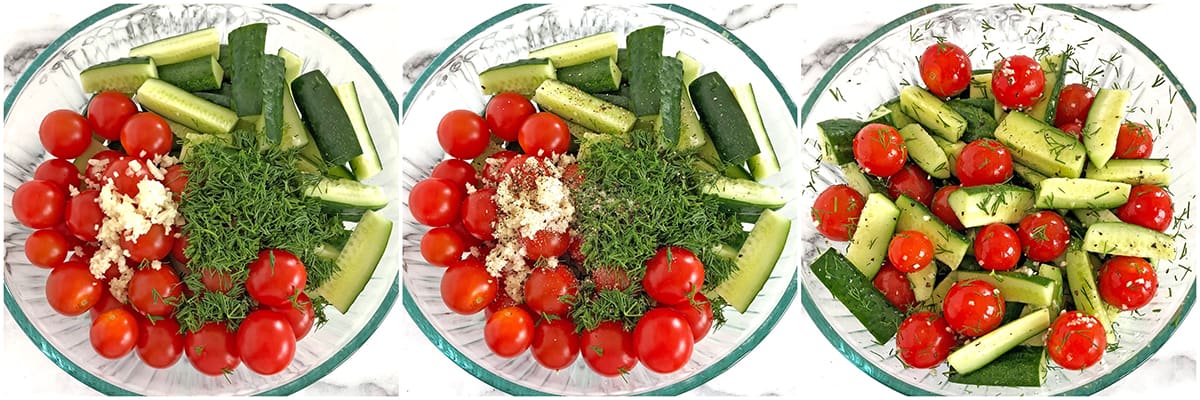Add pressed or finely diced garlic, chopped dill, salt, and pepper to the bowl of vegetables. Cover the bowl with plastic wrap and shake it to mix the ingredients. 