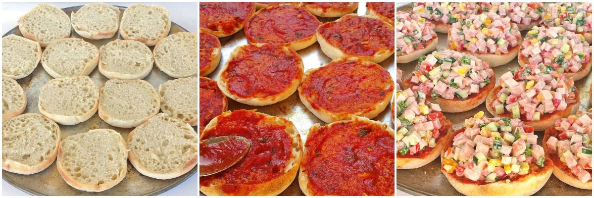Take 1 tbsp. of pizza sauce and spread it on each half of the English muffin. Then, place 3 tbsp. of the vegetable mixture on each muffin half, spreading it evenly.