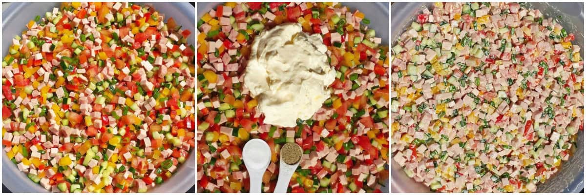 it's time to mix the meat and veggies together in a large bowl. Add mayo, salt, and pepper to the mixture and mix it all together until well combined.