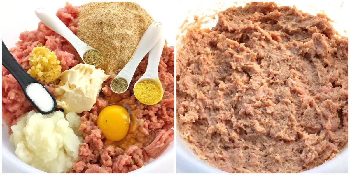 In a large bowl, mix together ground turkey, homemade ground pork, bread crumbs, mayonnaise, eggs, onions, garlic, and your choice of seasonings.