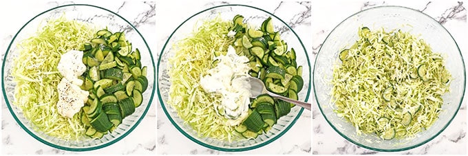 Transfer the shredded cabbage and sliced cucumbers into a large glass bowl. Add Greek yogurt, mayonnaise, and salt.