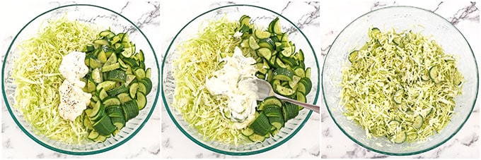 Dieser Kohl-Gurken-Salat ist sehr einfach zuzubereiten und sicher gesund. Es ist knusprig, cremig, erfrischend und herzhaft. Die knusprige Textur und der leckere Geschmack passen gut zu praktisch jedem weicheren und milderen Gericht wie Kartoffelpüree oder Nudeln. #familyfavorite #freshveggiesalad #easyrecipe #valyastasteofhome