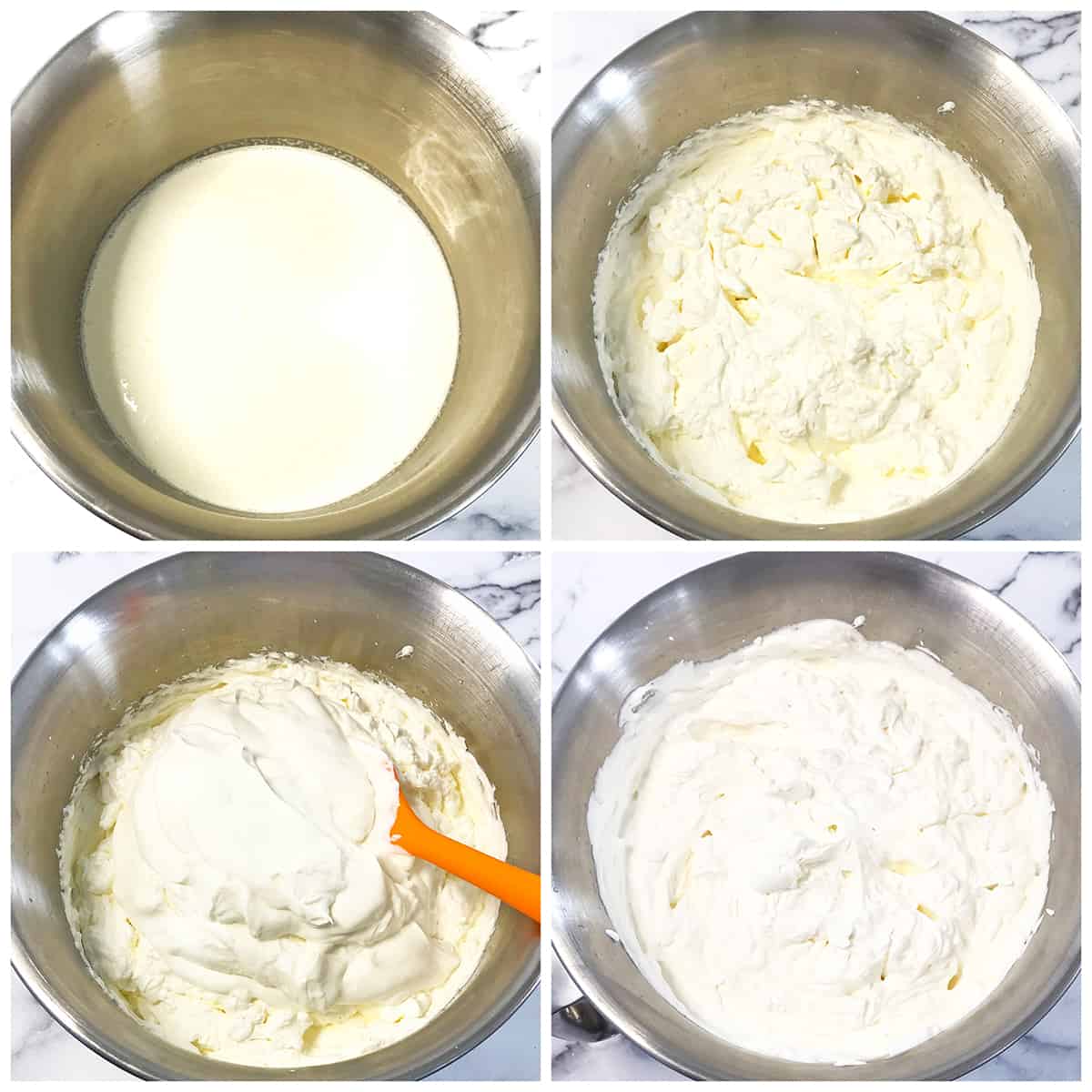Let's start by making the delicious cream filling. Start by pouring heavy whipping cream into a large bowl and beat it at medium-high speed until it just thickens.