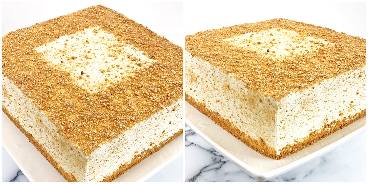 Sprinkle the top and the sides of the cake with the Graham cracker crumbs.