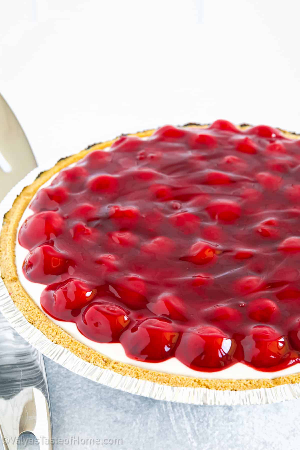 This Cherry Cheesecake pie is incredibly easy to make and tastes delicious! It includes a delicious cream cheese filling with cherry filling on top!