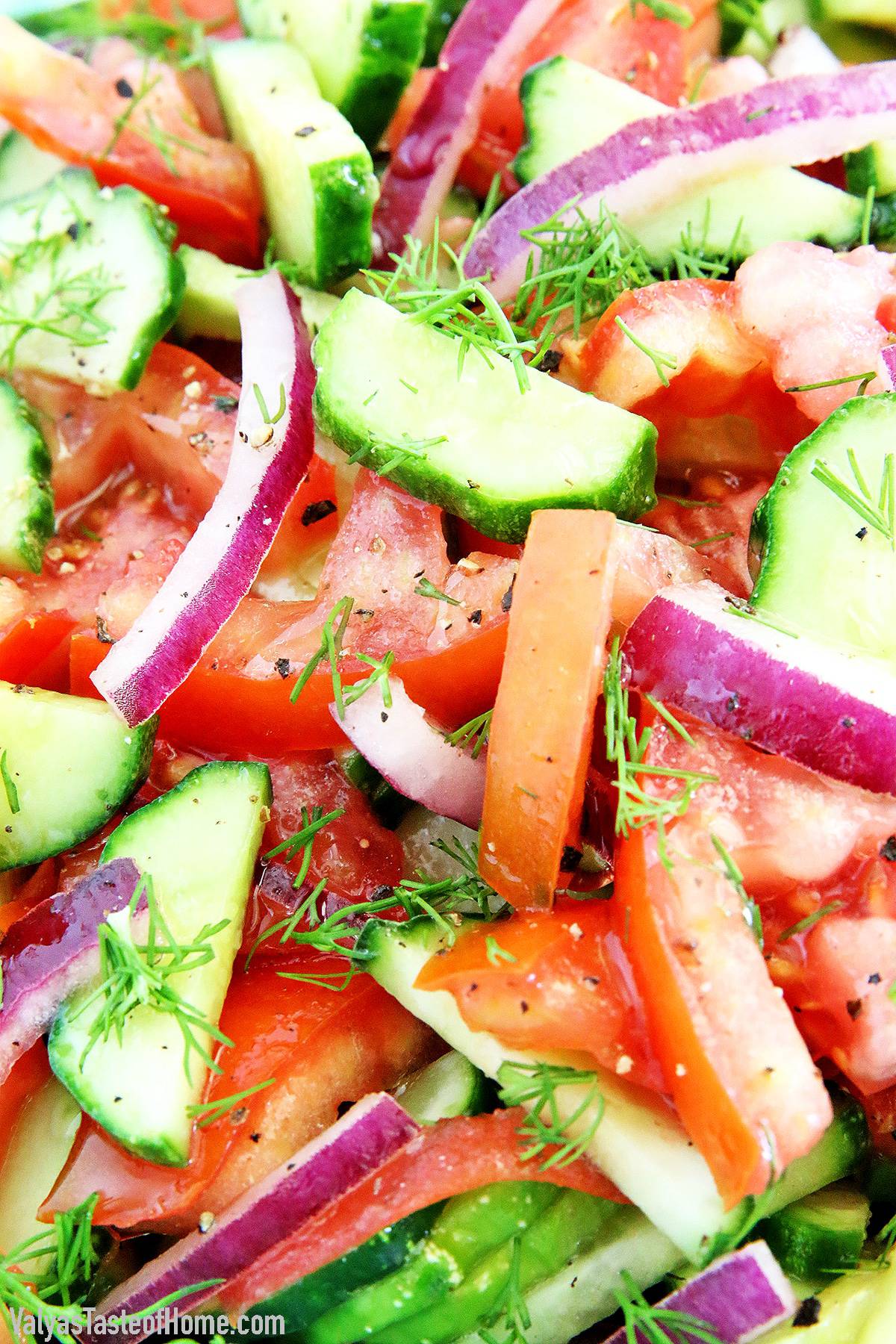 We have this Cucumber Tomato and Onion Salad Recipe most frequently during the summertime not only because these particular veggies grow in abundance but incredibly quick and so simple to produce. #homegrownproduce #freshvegetables #organiclygrown #valyastasteofhome.com