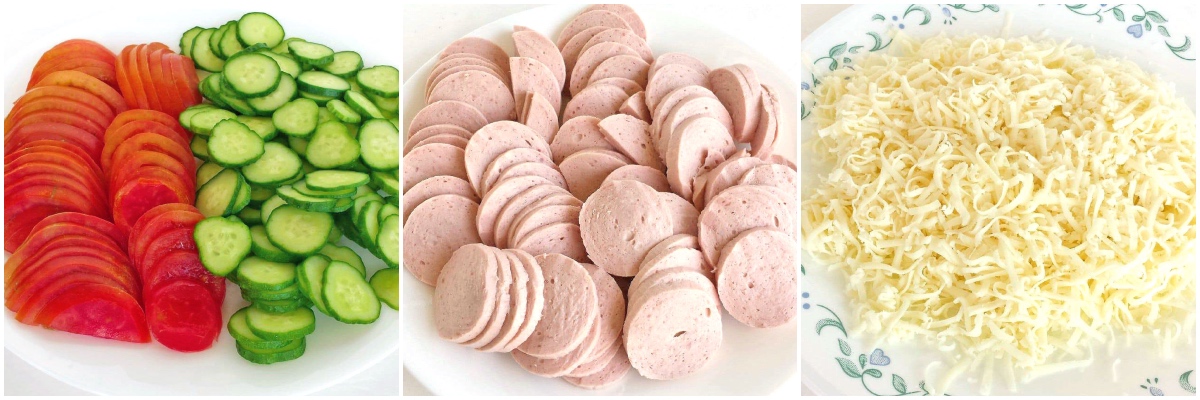 Wash and slice the cucumbers and tomatoes, slice the bologna into thin slices, and shred the mozzarella cheese.