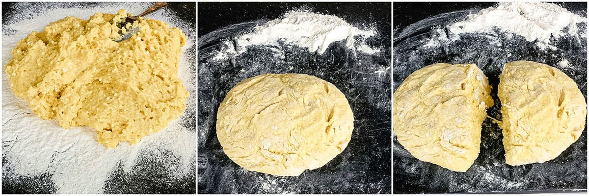 Roll the dough into a ball and cut it in half, then cover both balls with flour so they don't stick. Set one half aside for later.