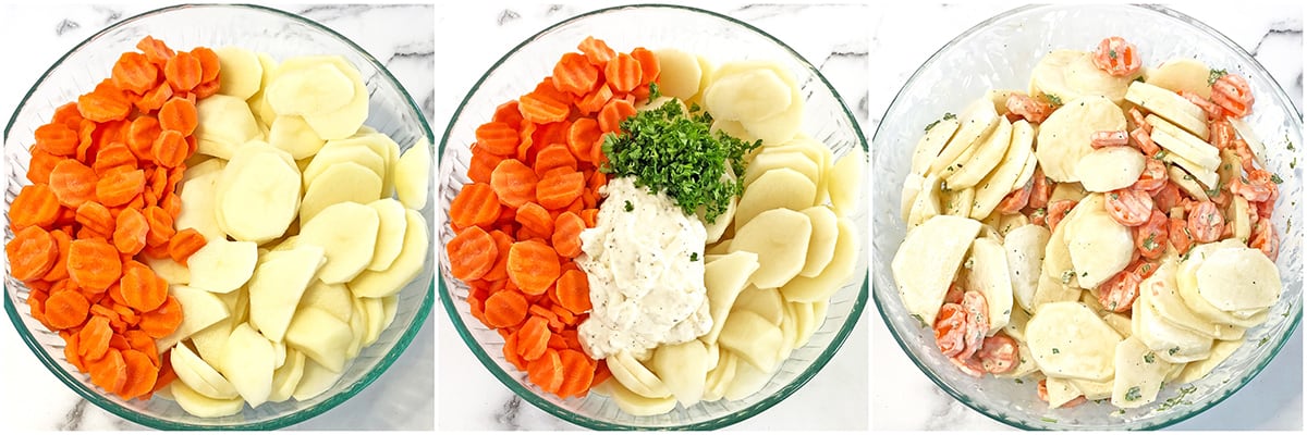 Scalloped Potatoes with Carrots slicing and mixing instructions