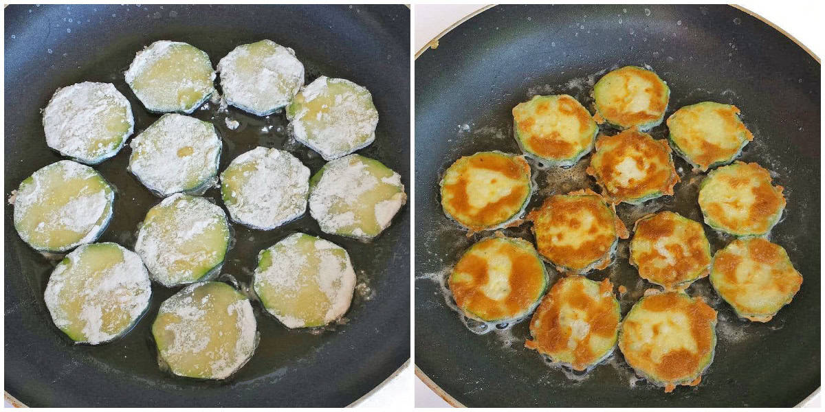 Dip each zucchini slice into flour on both sides. Sauté the slices for 2 minutes until golden brown. Flip the slices and sauté for another 1-2 minutes.