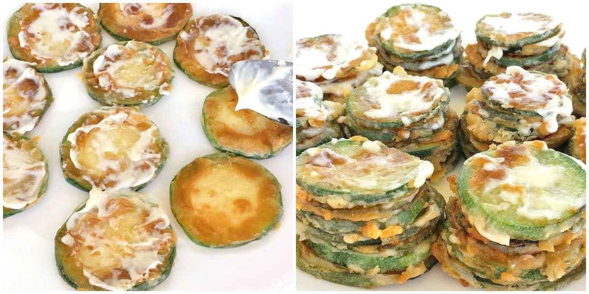 Spread the garlic and mayonnaise mixture on the top side of a zucchini slice.