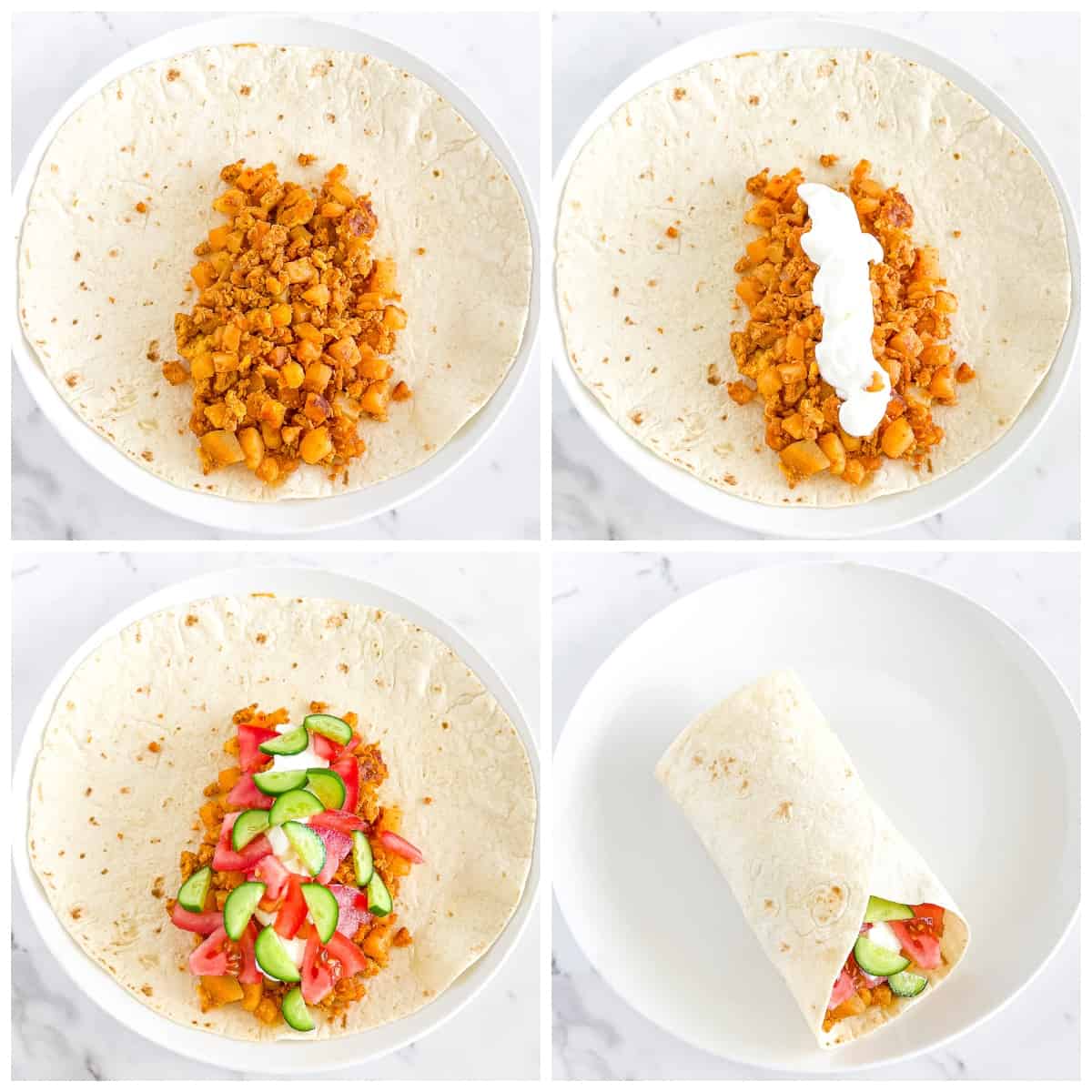 Spread the sliced cucumbers and tomatoes on top of the mixture and then garnish with 3-4 teaspoons of sour cream.
