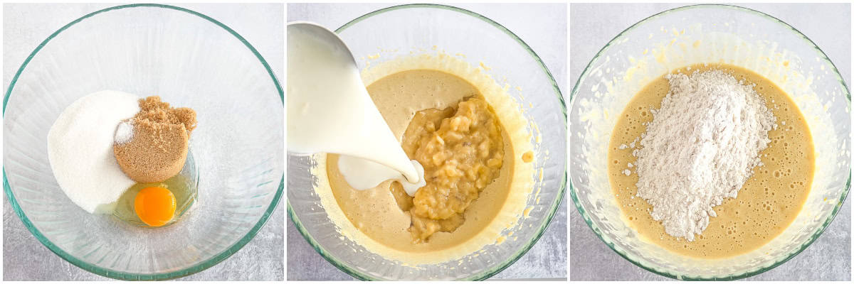 Mix the egg, white sugar, and brown sugar in a medium bowl on high for 3 minutes. Add buttermilk and mashed banana mix for 30 seconds.