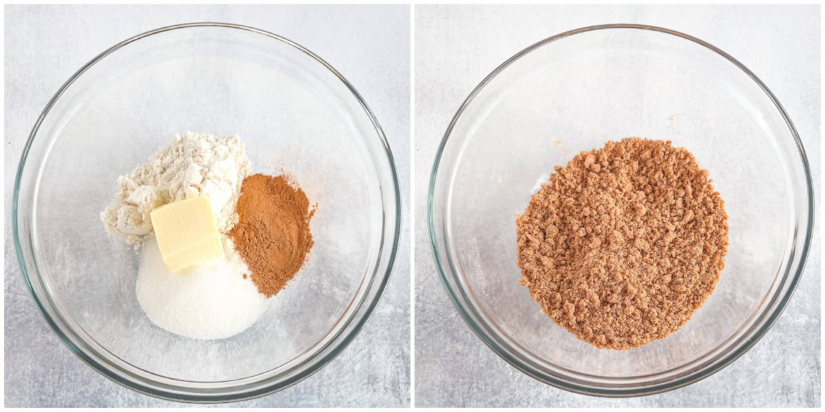 Prepare the topping by mixing sugar, room-temperature butter, cinnamon, and flour in a small bowl.