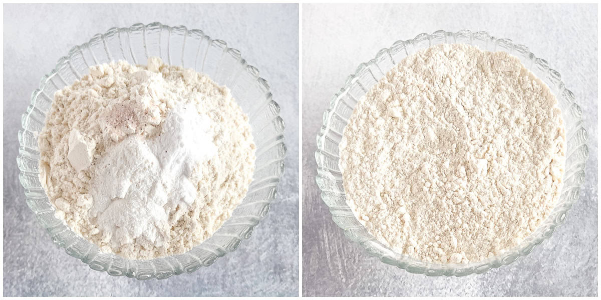 Combine dry ingredients: flour, baking soda, baking powder, and sea salt in a small bow. 