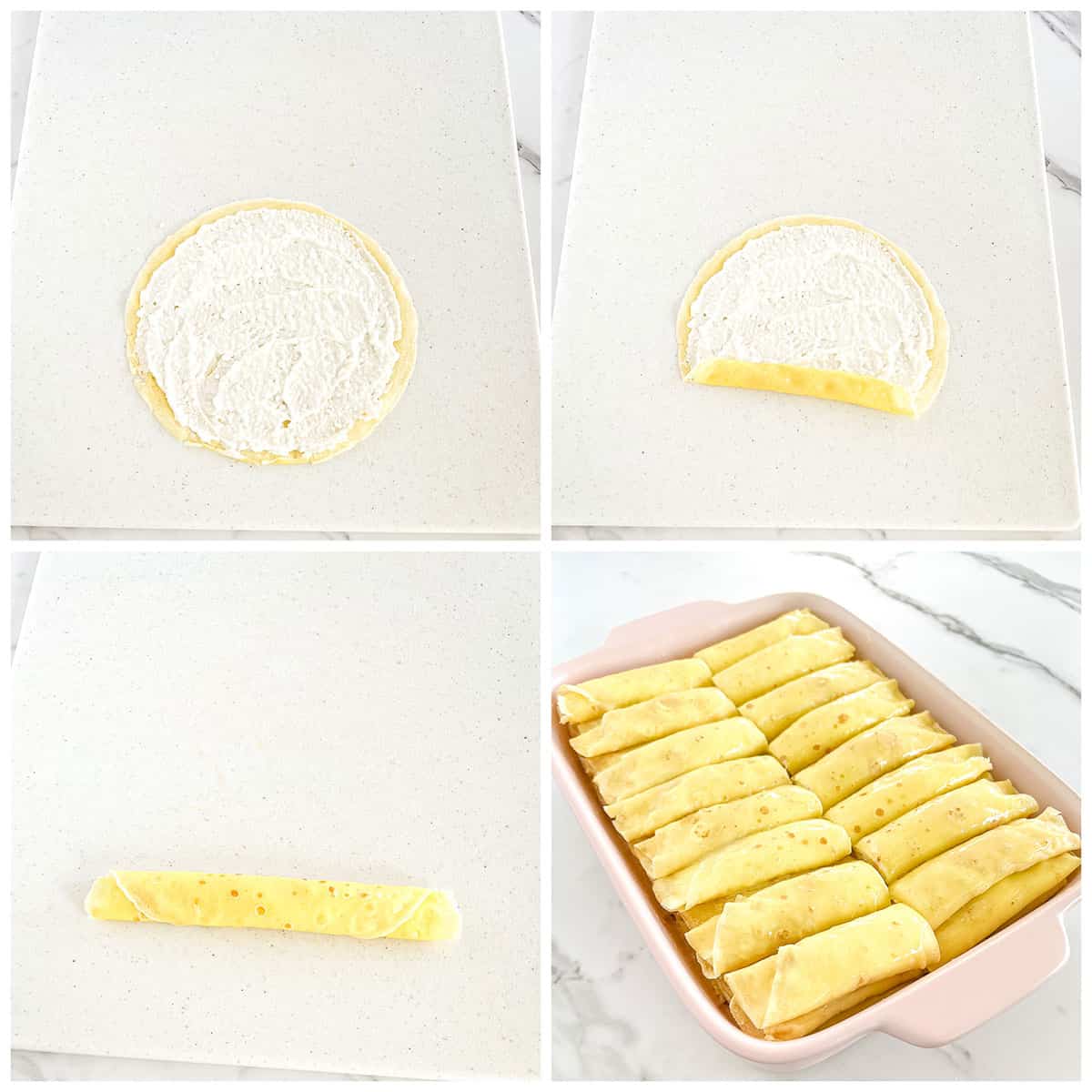Place one crepe on the cutting board with the dull side up and the shiny side lying on the board.