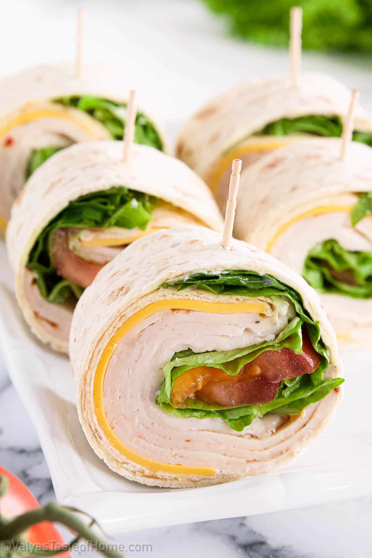 These Turkey Pinwheel Appetizers are great, and healthy snacks loaded with vitamins, protein, fiber, and low in fat. Plus, it’s a chance to get some veggies in, such as green leaf lettuce and tomato.