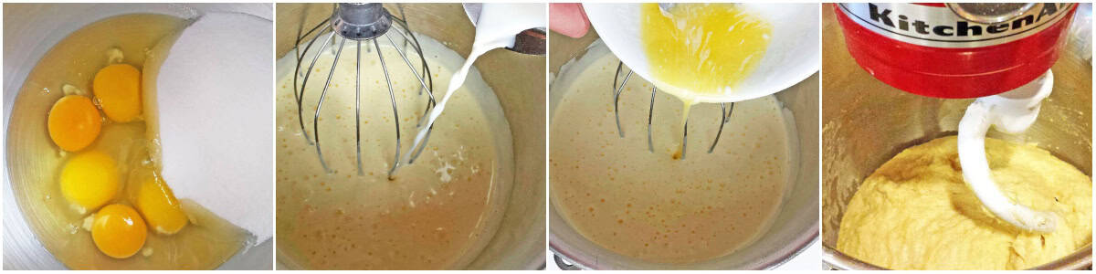 In an electric mixer bowl of a stand mixer, beat large eggs and sugar for 5 minutes or until pale in color.