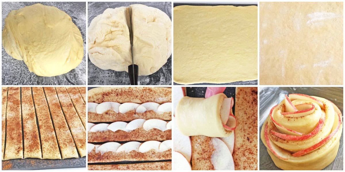 Roll out one half on a floured board. Brush the square with melted butter and sprinkle cinnamon sugar mixture.