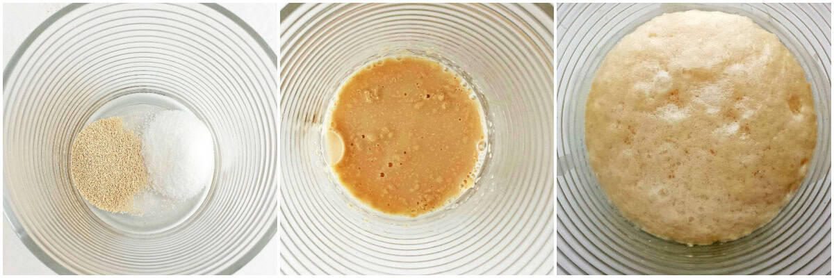 Mix yeast, sugar, and water in a small glass cup. Set aside to rise.