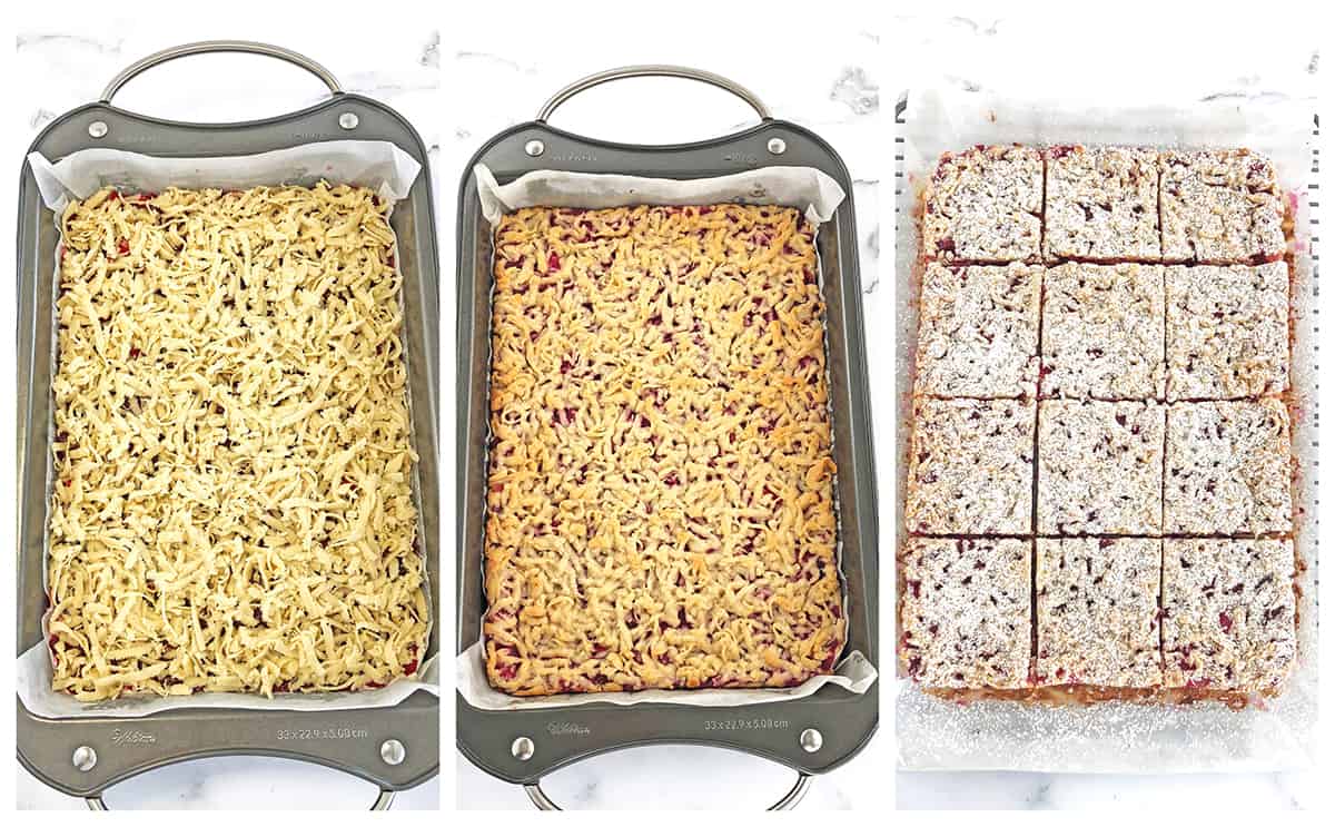 Baking, cooling and slicing the cream cheese cranberry bars.
