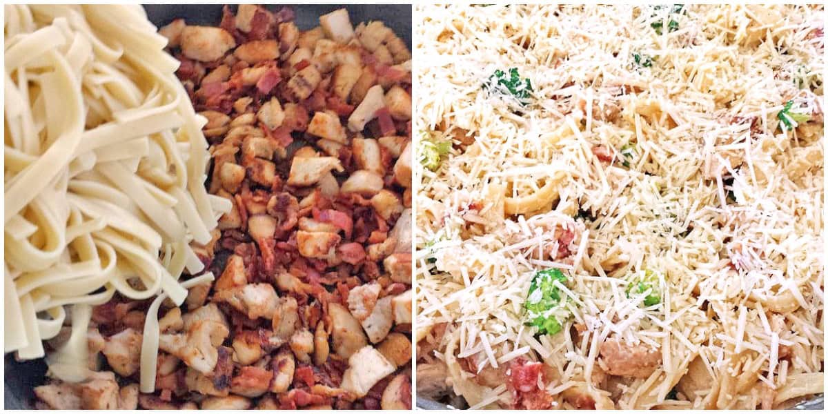 Sprinkle 1 ½ cups of parmesan cheese over the pasta and set it aside. Let the cheese heat over the dish for 5 minutes. This won't melt like mozzarella cheese, but it will add a beautiful shine to the dish. 
