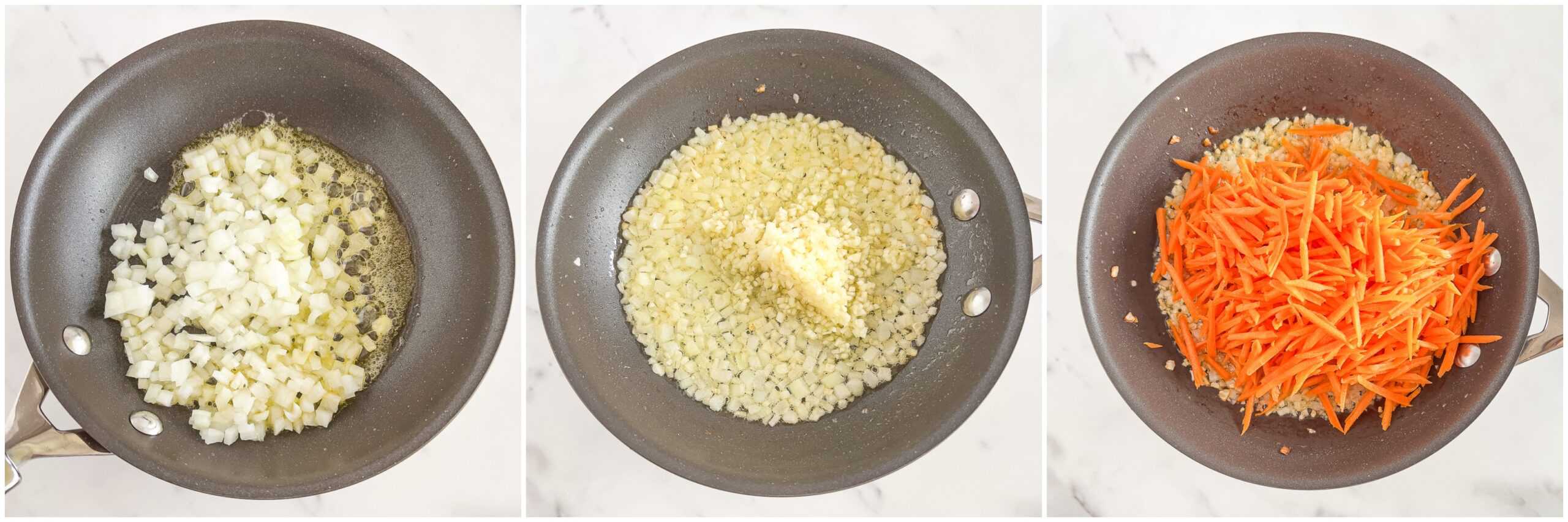 Sautee onion, garlic, and grated carrots into the pan on medium-high heat for about 5 minutes, stirring occasionally to guarantee even cooking. 