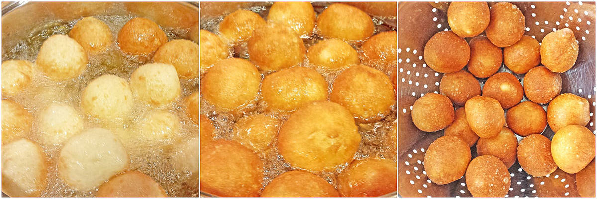 Deep fry for about 2 minutes per side. Then remove fried ponchiki onto prepared cooling rack or strainer.