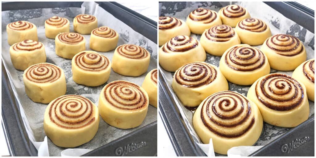 Place the rolls onto a baking pan lined with parchment paper and let it rise for 45 minutes in a warm place. 
