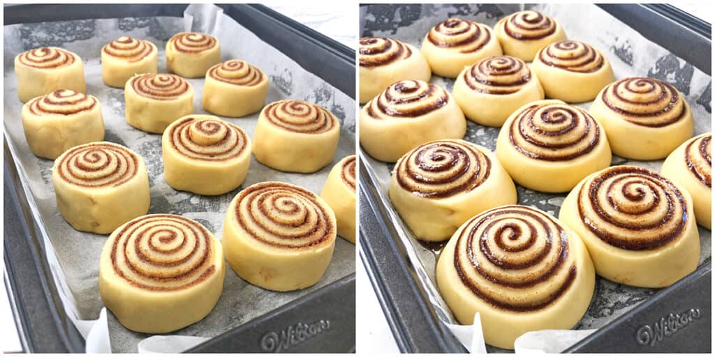 Place the rolls onto a baking pan lined with parchment paper and let it rise for 45 minutes in a warm place.