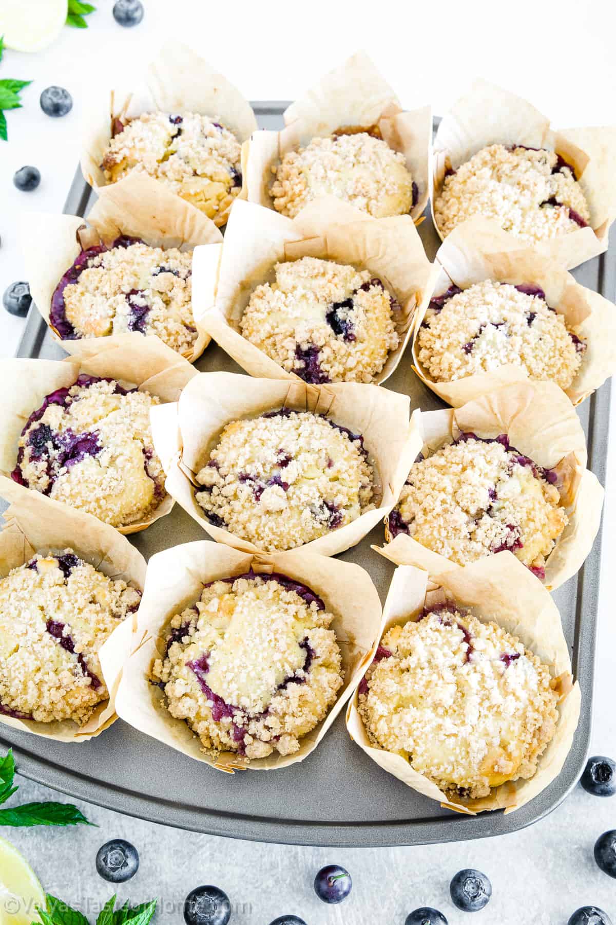 These muffins are a type of baked good that typically consists of a moist, sweetened batter studded with fresh or frozen blueberries. 