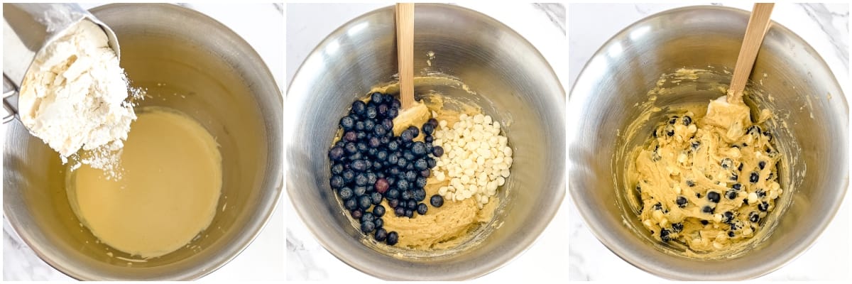 Mix in the flour mixture prepared earlier, and gently fold in the blueberries and white chocolate morsels until evenly distributed in the batter.