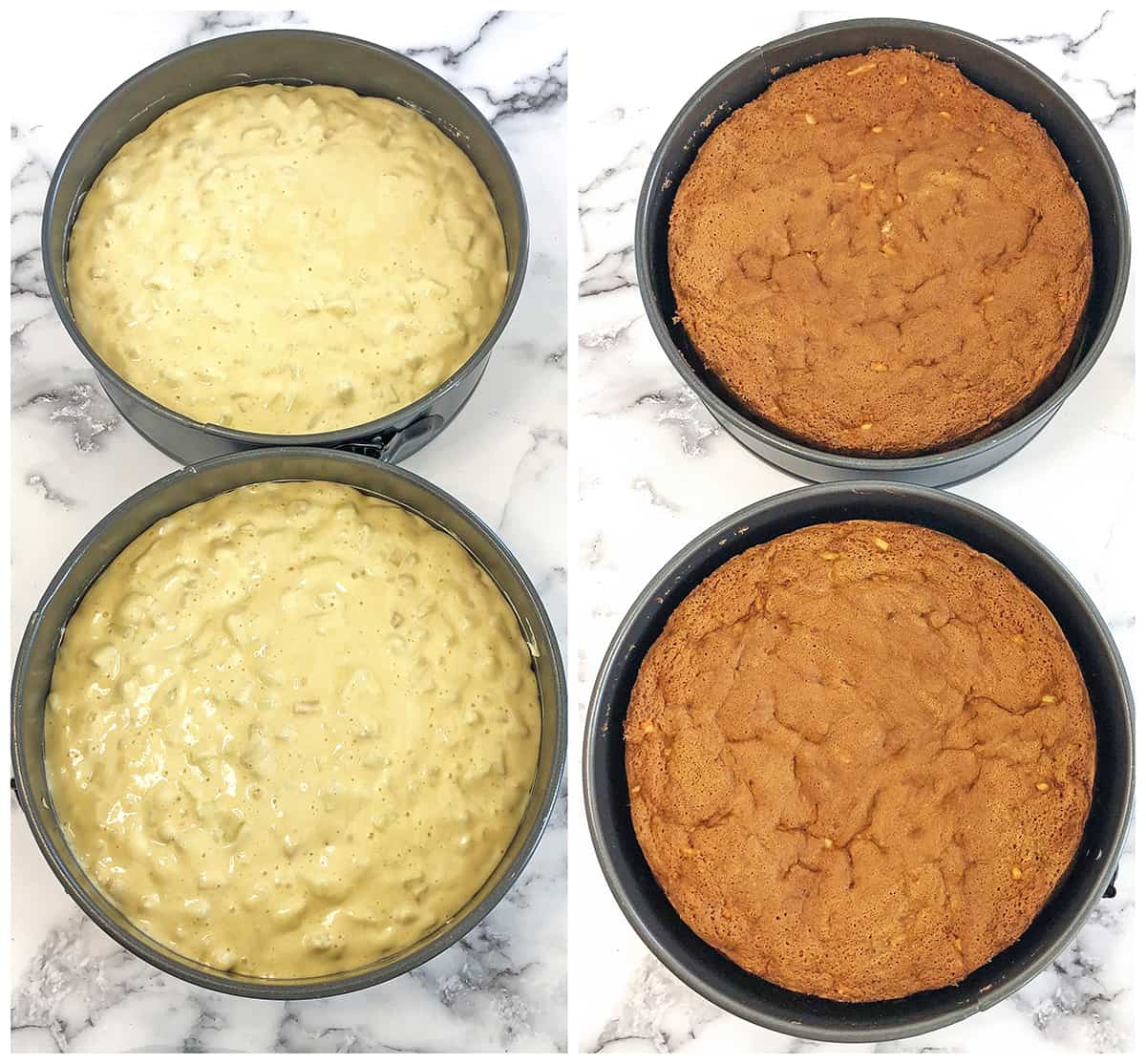 Split the batter between two greased pans, in equal portions. Bake for 50 minutes at 300 F.