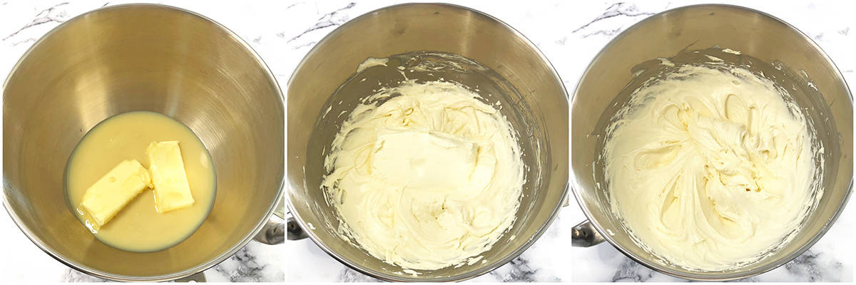 Beat butter and condensed milk. Add softened cream cheese and beat for another 2 minutes.