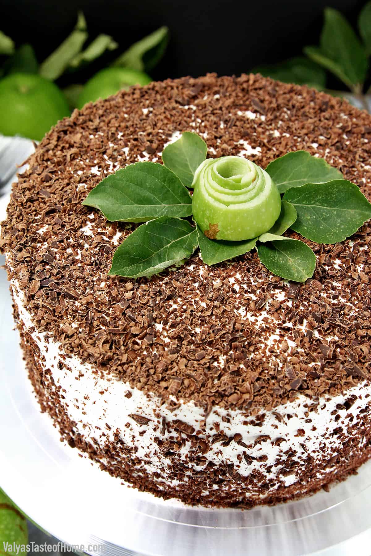 This Simple Apple Cake with Cream Cheese Frosting is light, moist, loaded with freshly chopped apples, topped with lots of dark chocolate shavings, and comes together quickly for a fantastic family-favorite dessert.