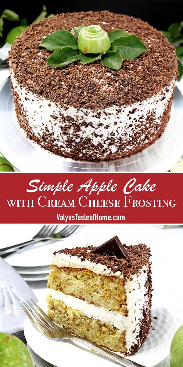 This Simple Apple Cake with Cream Cheese Frosting is light, moist, loaded with freshly chopped apples, topped with lots of dark chocolate shavings, and comes together quickly for a fantastic family-favorite dessert.