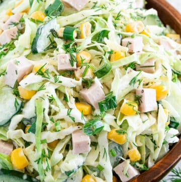 Salads are best served fresh, so when possible make them and serve them right away to truly enjoy the delicious flavors of all the veggies combined with the delicious mayo-based salad dressing. 