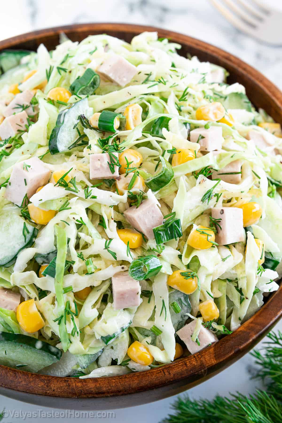 Salads are best served fresh, so when possible make them and serve them right away to truly enjoy the delicious flavors of all the veggies combined with the delicious mayo-based salad dressing. 