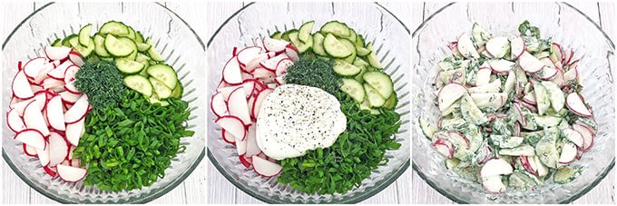 Chives, Radish, and Cucumber Salad Recipe is our family favorite spring salad! It requires very few ingredients but it is so crisp and full of flavor, especially when using garden fresh produce. I can just eat this salad by itself, but I usually serve it with mashed potatoes or buckwheat. 