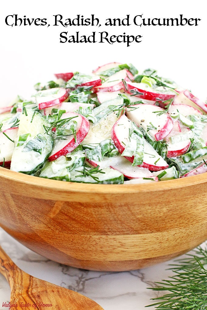 Chives, Radish, and Cucumber Salad Recipe is our family favorite spring salad! It requires very few ingredients but it is so crisp and full of flavor, especially when using garden fresh produce. I can just eat this salad by itself, but I usually serve it with mashed potatoes or buckwheat.