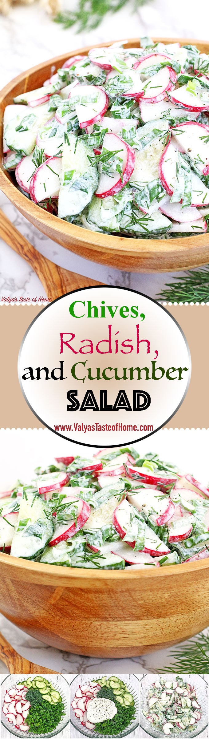 Chives, Radish, and Cucumber Salad Recipe is our family favorite spring salad! It requires very few ingredients but it is so crisp and full of flavor, especially when using garden fresh produce. I can just eat this salad by itself, but I usually serve it with mashed potatoes or buckwheat.