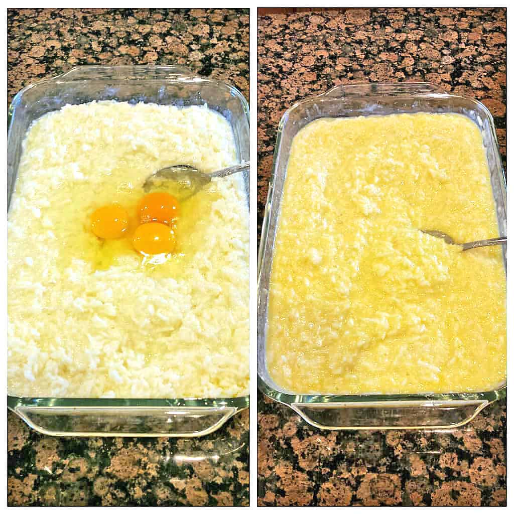Next, mix in the eggs until they are fully incorporated into the mixture.