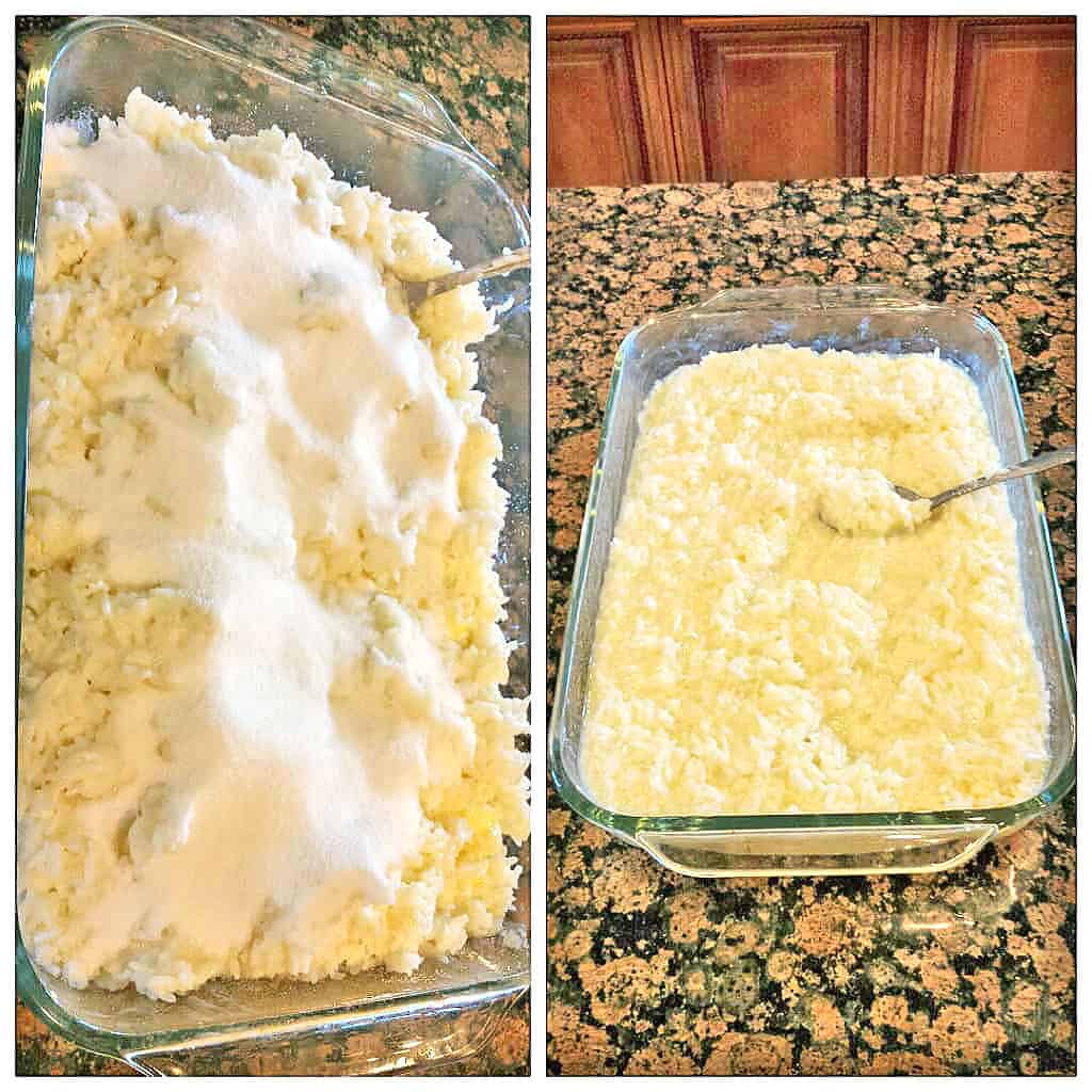 Then, add the granulated sugar and salt to the pan. Stir everything together until it's well combined.