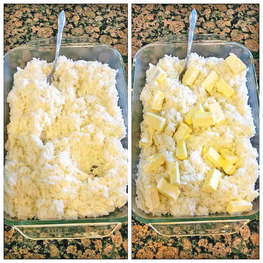 Spread the unsalted butter, cut into cubes, over the rice.