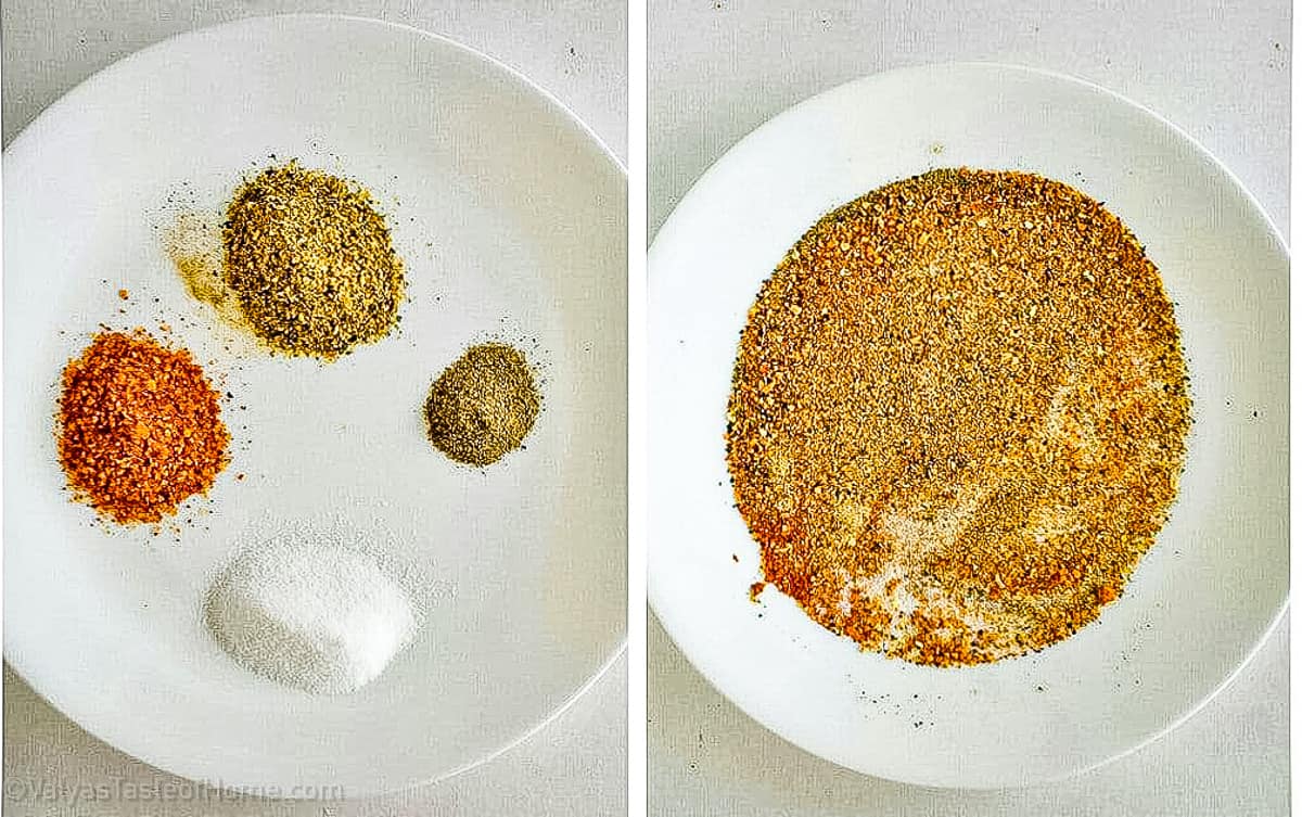 Start by placing all the seasoning onto a large plate, mix them together, then set it aside until ready to use.