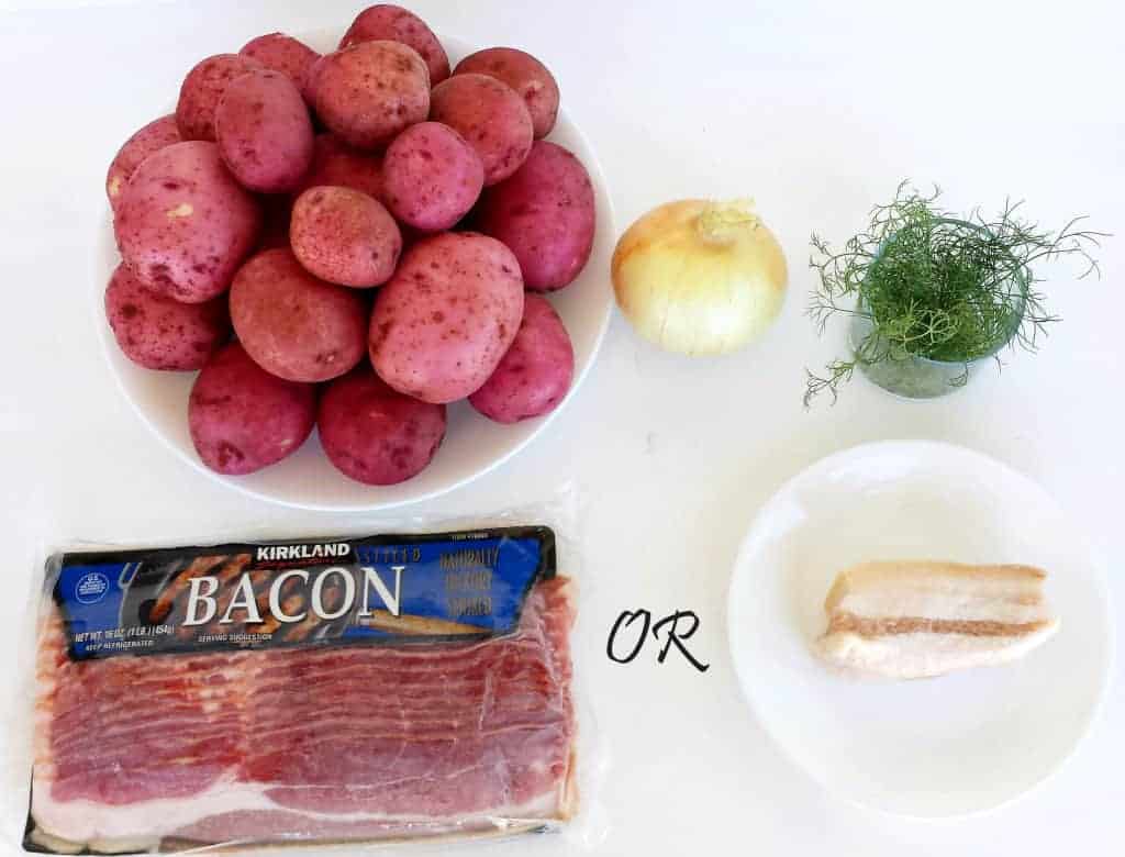Young Potatoes with Caramelized Onion, Bacon and Dill