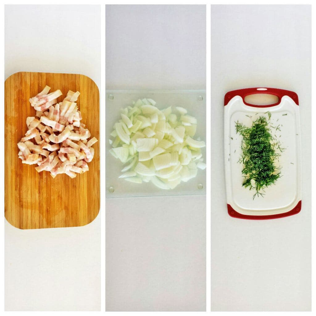 Young Potatoes with Caramelized Onion, Bacon and Dill