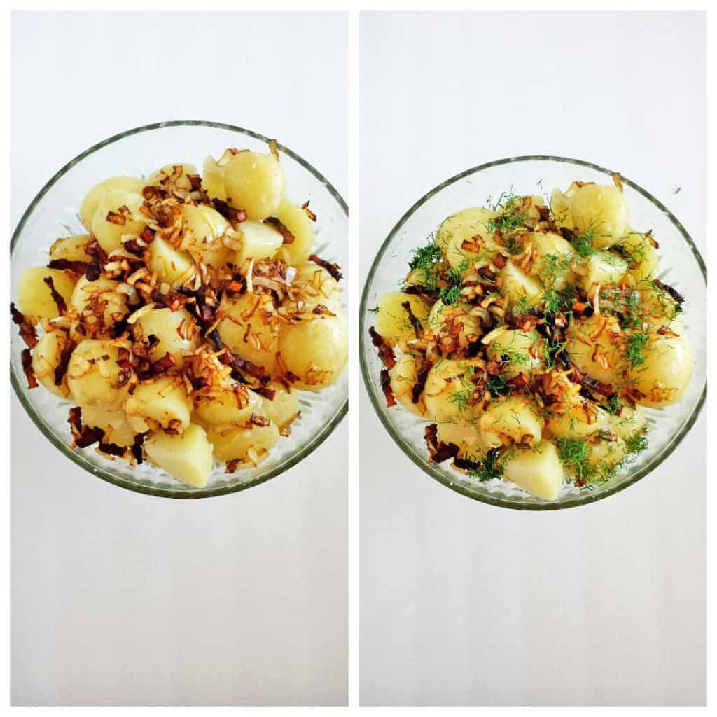 Young Potatoes with Caramelized Onion, Bacon and Dill