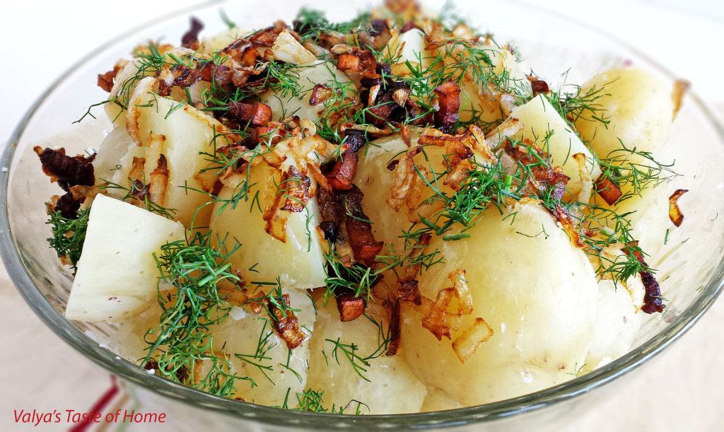 Young Potatoes with Caramelized Onion, Bacon and Dill